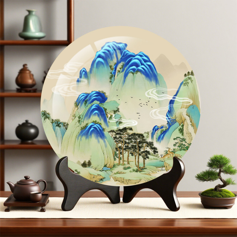 千里江山图装饰品办公室桌面书架摆件新中式工艺品山水画摆盘礼品|undefined