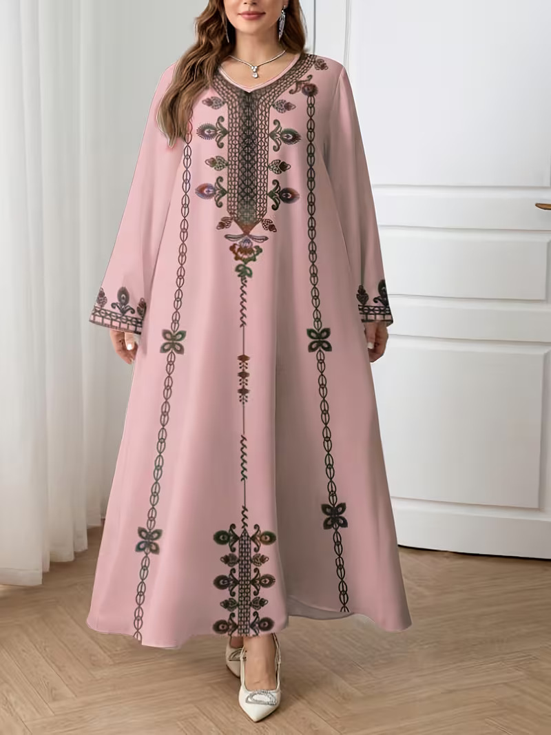 Middle Eastern Cross-border Muslim Women's V-neck Printed Loose Elegant Robe Ethnic Style Long-sleeved Dress Custom-made_ecoleips.com