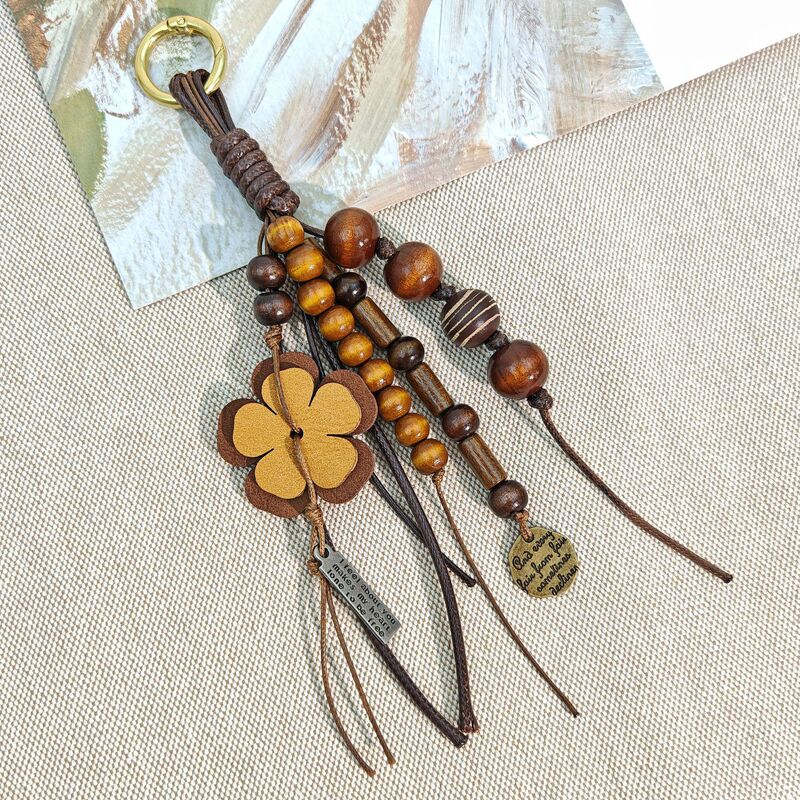 New Chinese-Style Retro Leather Flower Beaded Bag Pendant with Tassels and Small Flowers in Maillard Brown Keychain Bag Charm New Chinese-Style Retro Leather Flower Beaded Bag Pendant with Tassels and Small Flowers in Maillard Brown Keychain Bag Charm
