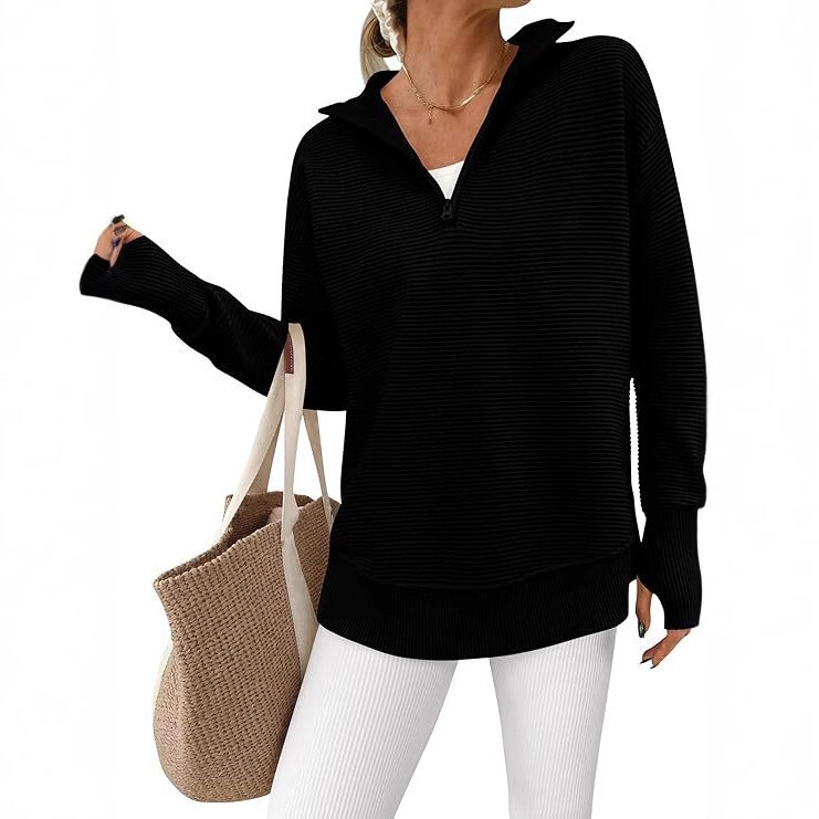 Amazon 2025 New Popular Long-Sleeved Half-Zip V Neck Casual and Fashionable Ribbed Knitted Sweater Pullover for Women