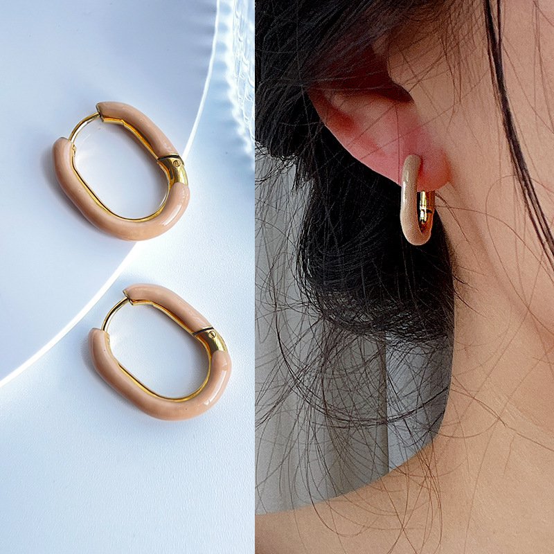 Daily Occasion Titanium Steel Material 18K Gold Plated Plating 1 Pair Retro U Shape Titanium Steel Enamel Earrings