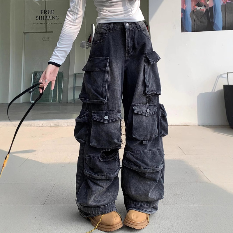 2025 American Washed Frayed Multi-Flap Pocket Pants Work Jeans for Women Street Straight Loose Wide Leg Pants Distressed Trend