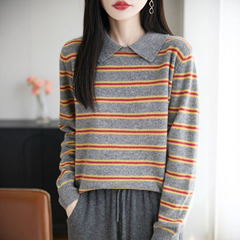 娃娃领秋冬新款长袖羊毛衫女打底衫洋气减龄宽松圆翻领条纹毛衣