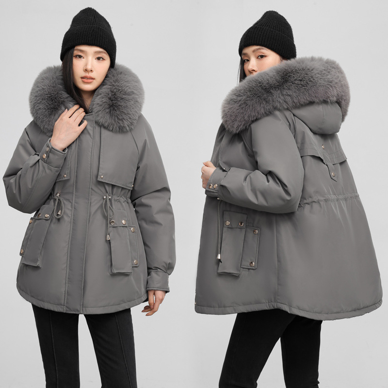 Ropa de mujer Chaqueta de algodón cálida con cuello de piel grande y capucha con cintura adelgazante_voghion.com