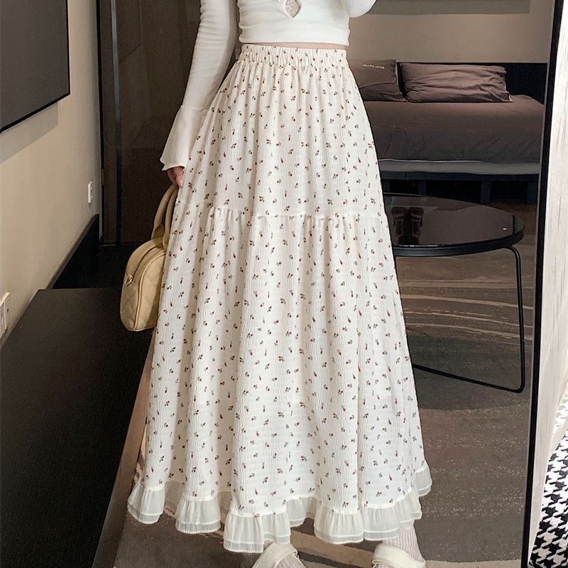 White Floral High-Waisted Midi Skirt, New Design for Spring/Summer 2024, Unique and Irregular Fairy Skirt for Women