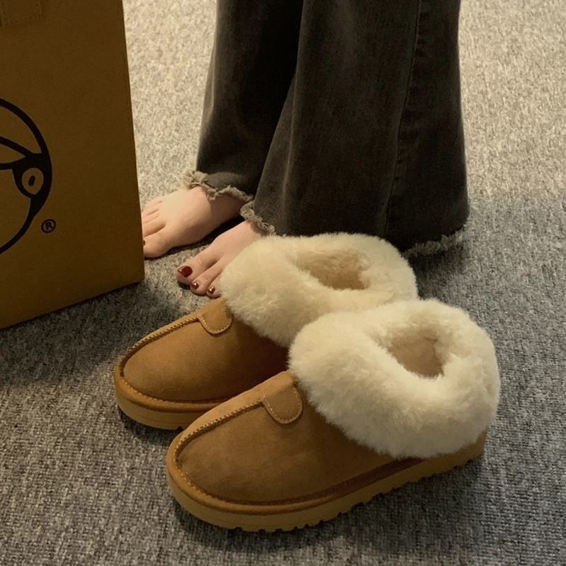 Mao Mao mouth snow boots women 2024 winter new pedal fleece-lined thickened cotton slippers northeast warm cotton boots
