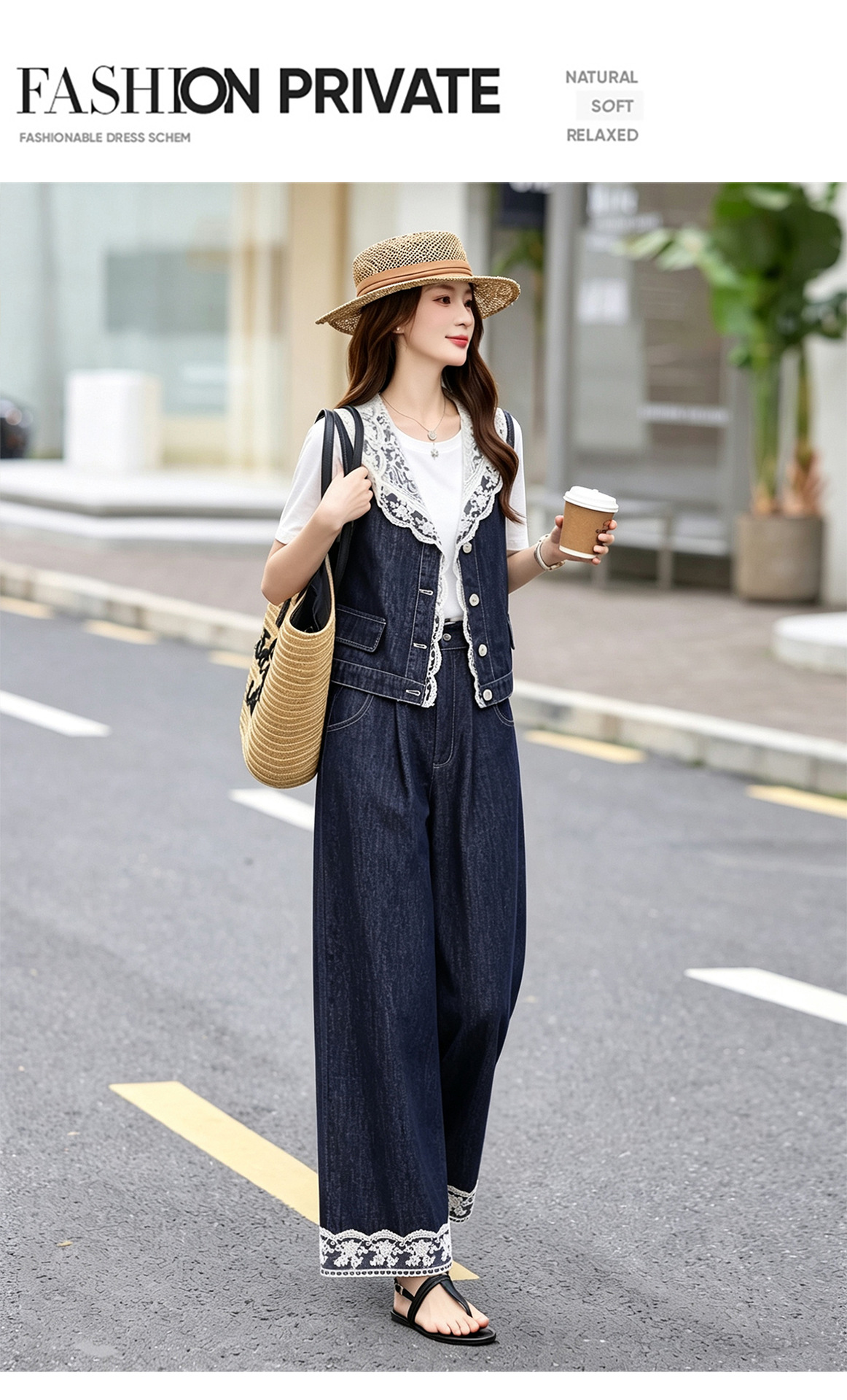 Bộ ba mảnh denim mùa hè 2026: áo khoác không tay mũ liền ren + áo thun + quần ống suông — Màu ảnh chi tiết 15