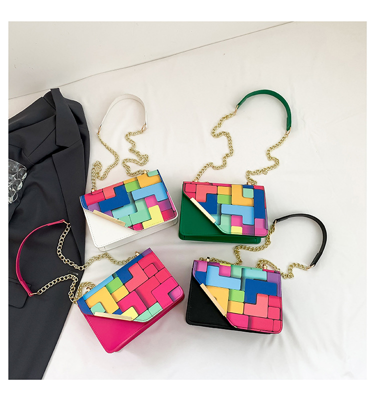 Streetwear Style Square Shape Small Size Women's Small Pu Leather Color Block Streetwear Square Magnetic Buckle Shoulder Bag Crossbody Bag