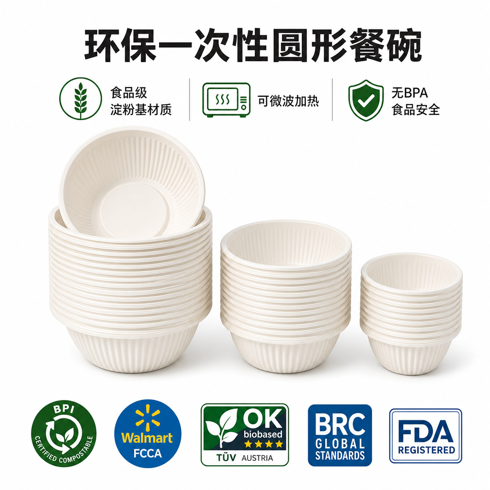 Corn Starch Round Bowl, High Temperature Resistant, Disposable Rice Bowl, Food Grade, Thickened Bowl, Environmentally Friendly, Microwaveable Soup Bowl