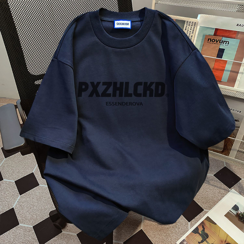 綿 100% 韓国スタイルのシンプルなレタープリントネイビーブルー半袖 Tシャツ女性の夏のルーズミッドレングストップスイン|undefined