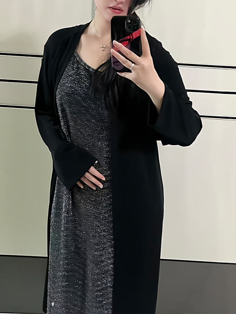 130-320 Plus Size Women's Cardigan Suspender Dress Two-Piece Set 2025 Autumn and Winter New Fat mm Super Elastic and Loose 130-320 Plus Size Women's Cardigan Suspender Dress Two-Piece Set 2025 Autumn and Winter New Fat mm Super Elastic and Loose