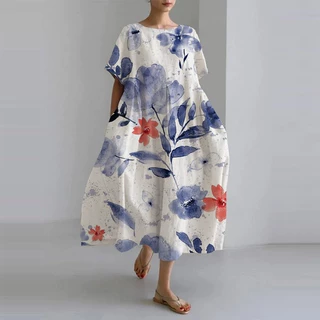 亚马逊独立站跨境2025夏季新款欧美女装宽松圆领时尚高级短袖印花