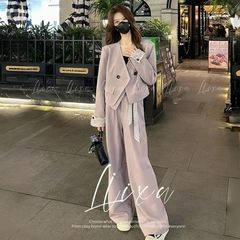 时尚西装套装女士春秋新款蕾丝拼接小西服高腰长裤韩系穿搭三件套