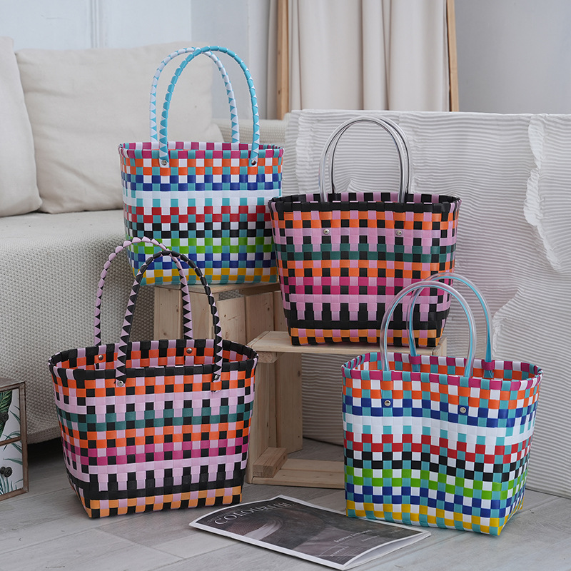 菜篮子包包手提编织撞色塑编包购物篮彩色露营手工pvc材质野餐篮