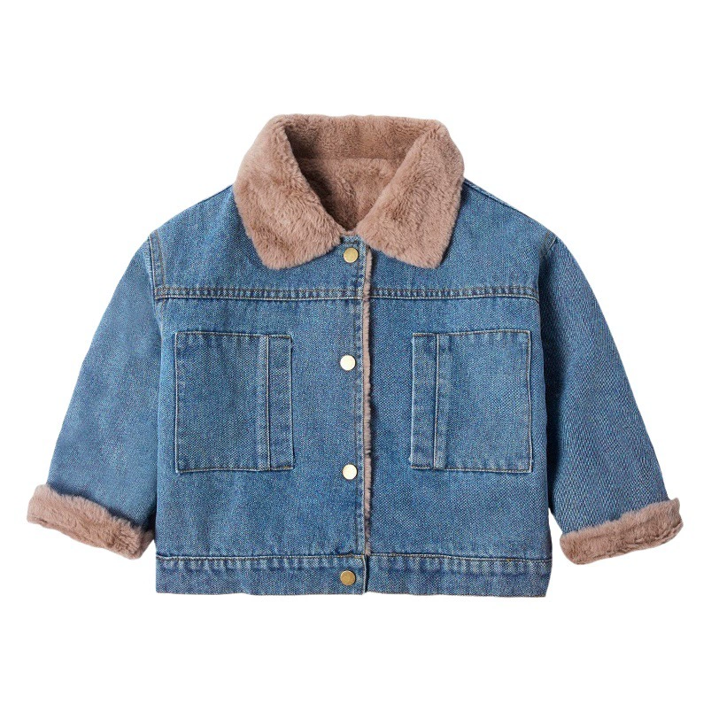 Детская утепленная джинсовая куртка на флисе, стильная новинка зимы 2025, корейская версия джинсовой куртки для девочек, модный детский топ.