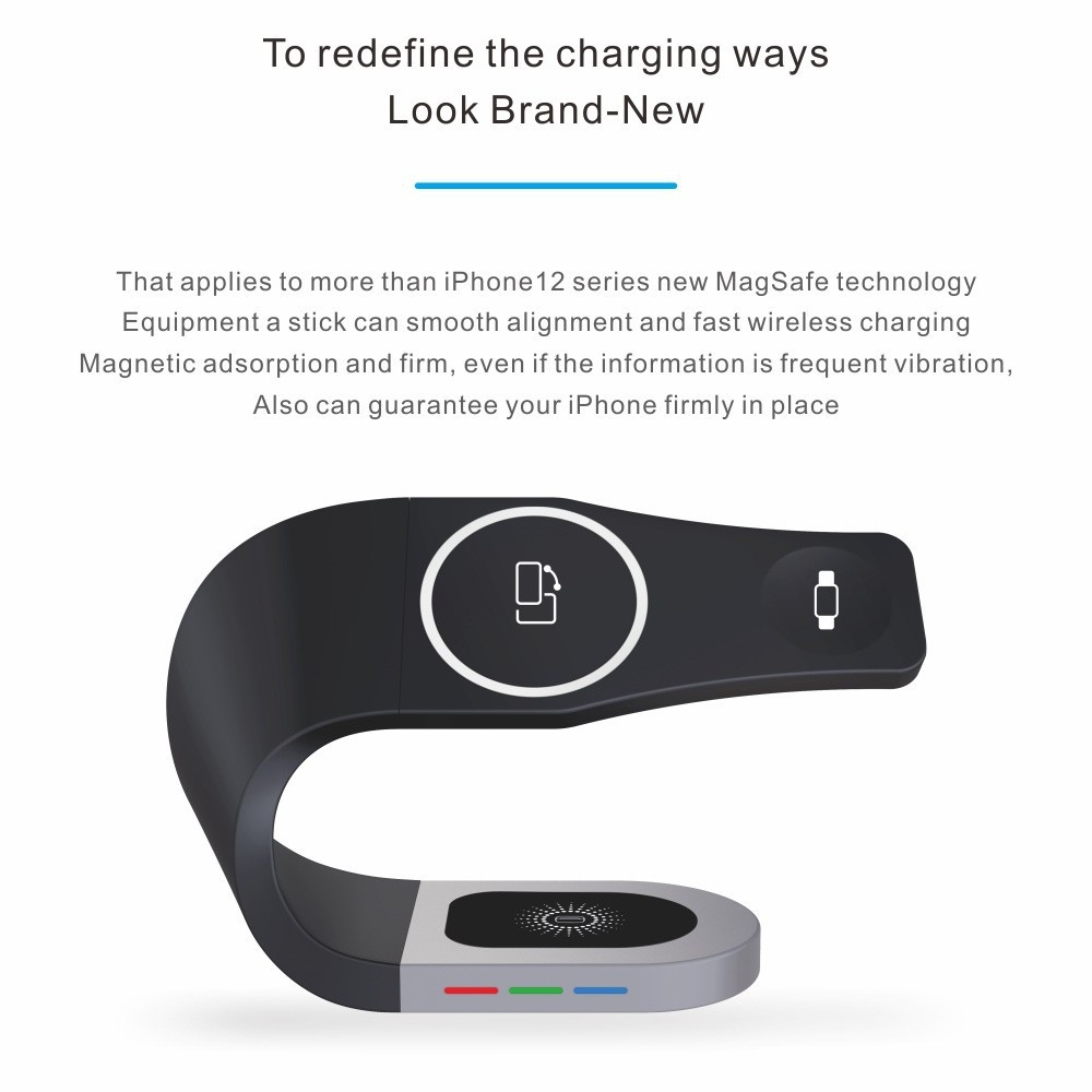 Creativo perezoso soporte magnético luz ambiental cargador inalámbrico tres en uno reloj auricular teléfono móvil cargador de carga rápida