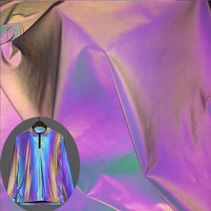 七彩羽绒服帽子反光面料幻彩时装反光化纤布耐水洗炫彩反光弹力布