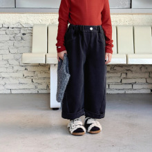 瑜瑜公主 儿童冬季韩版宽松阔腿裤 男女童翻边复古加绒牛仔裤休闲