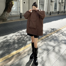 韩版复古拼接大口袋斜拉链开衫连帽棉服秋冬新款宽松百搭休闲外套