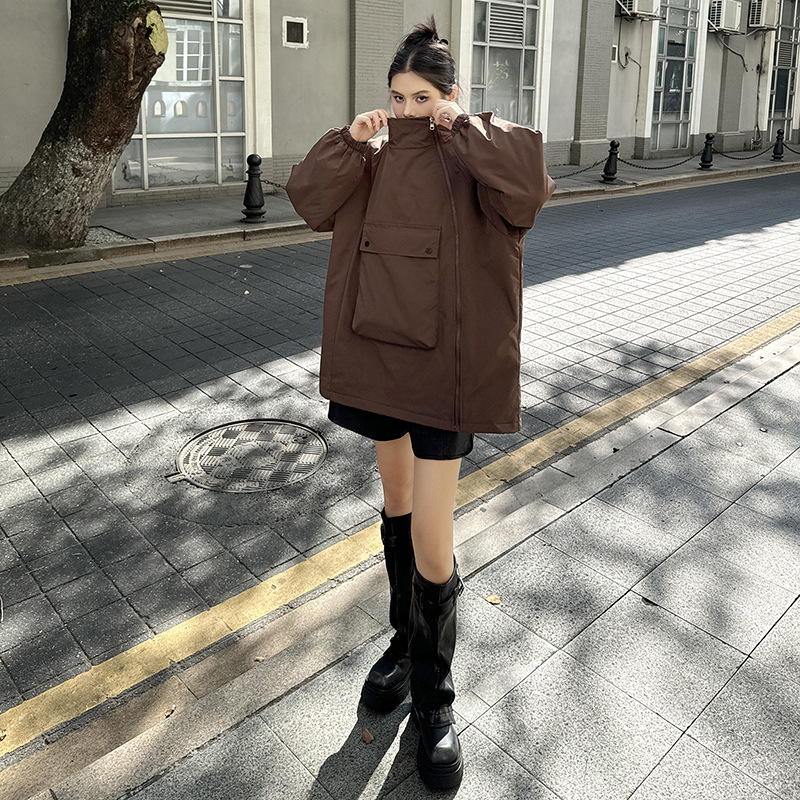 韩版复古拼接大口袋斜拉链开衫连帽棉服秋冬新款宽松百搭休闲外套