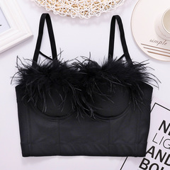 跨境仙氣羽毛吊帶性感美背上衣緊身短款魚骨抹胸夜店舞台表演胸衣