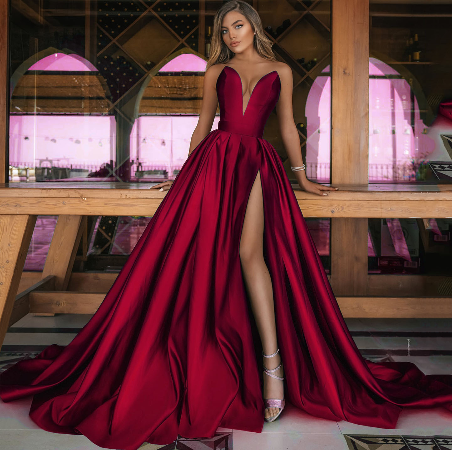 Europa y América Comercio exterior Amazon AliExpress deseo nuevo sexy profundo V split vestido largo boda vestido de noche