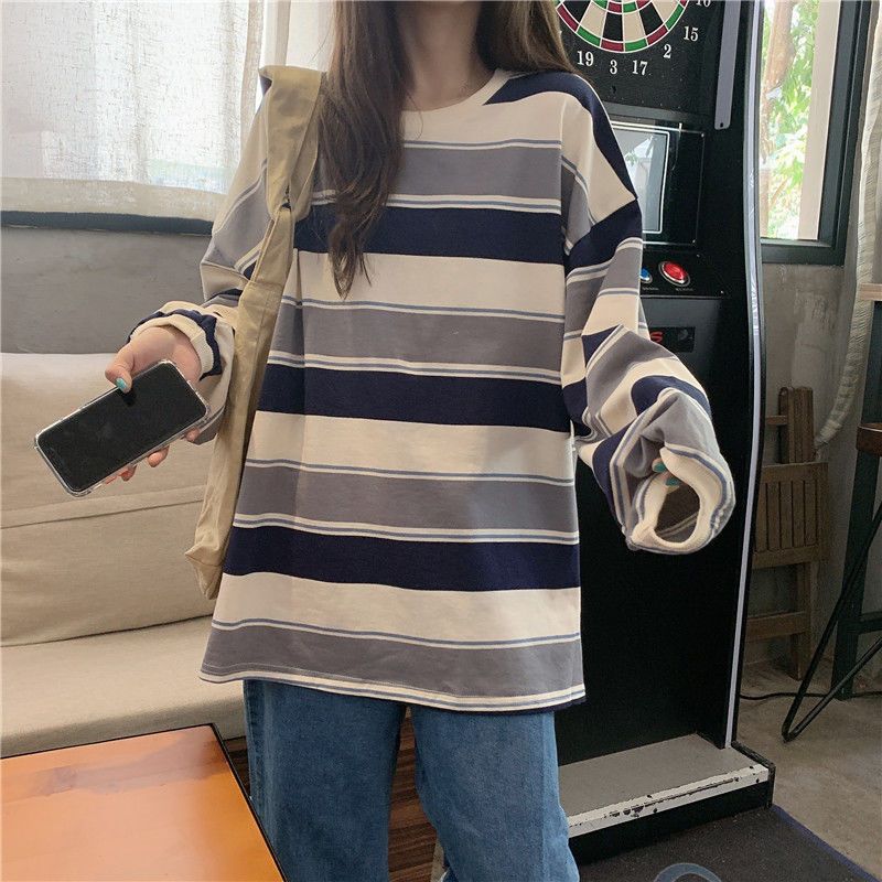 waitmore条纹卫衣女宽松韩版ins慵懒风bf薄款网红炸街长袖t恤上衣