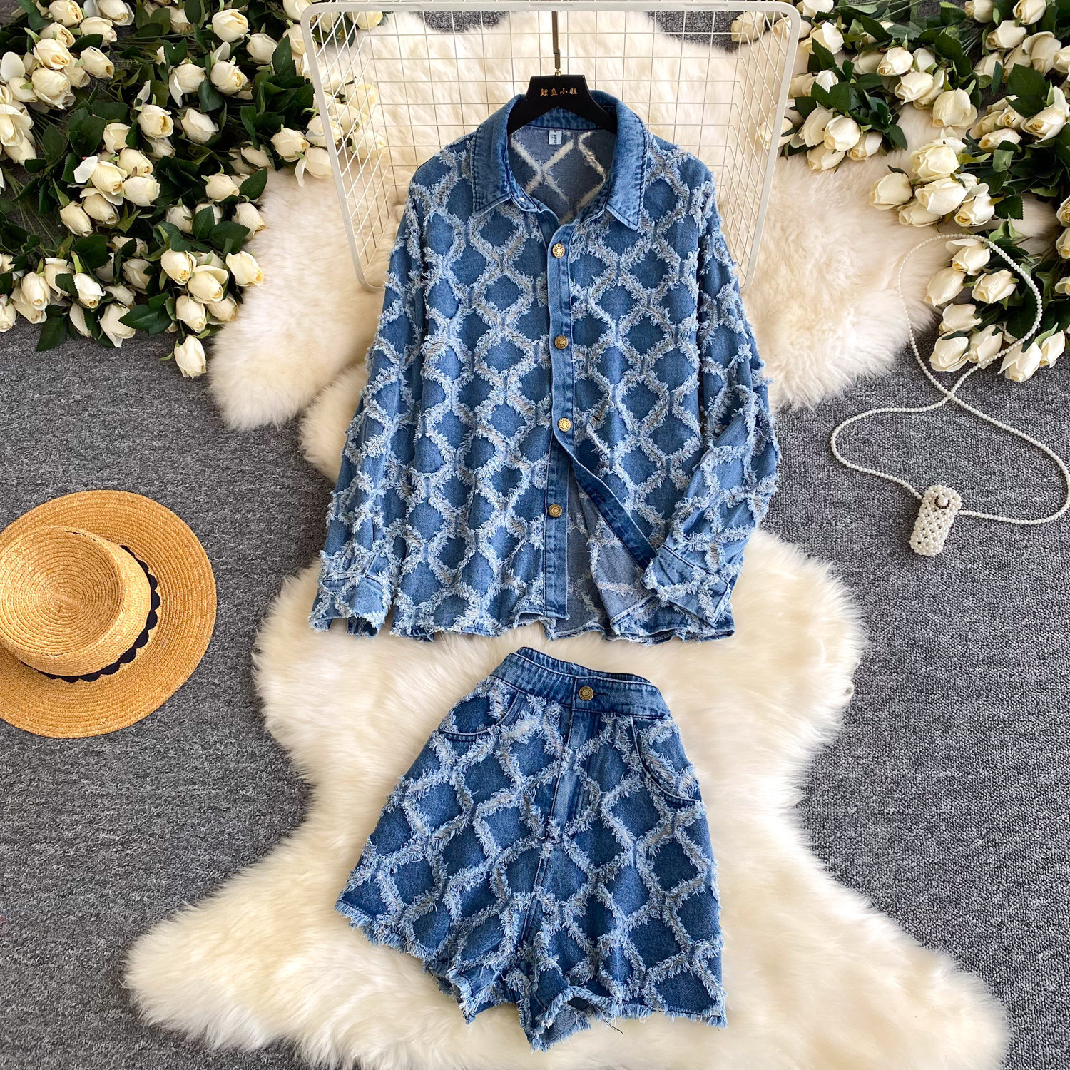 Women's Fashion Diamond Patterned Frayed Edge Washed Shirt And A-Line Shorts Denim Suit Spring Autumn New Cross Border Trade_voghion.com