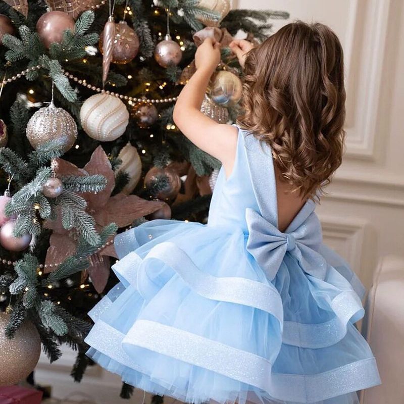 Light Blue Princess Tulle Dress For Girls – B-Class Polyester Puffy Party Gown For Flower Girls & Special Occasions (80-160cm)_voghion.com