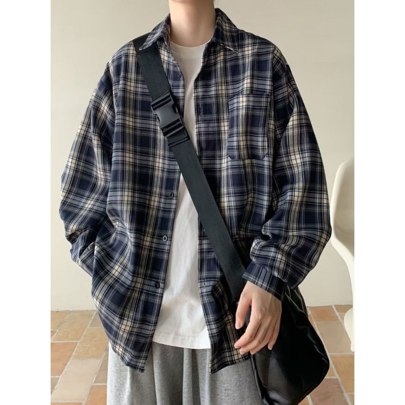 Japanese retro plaid shirt for men, long sleeves, new spring and autumn style, loose casual, high-end men's shirt jacket.