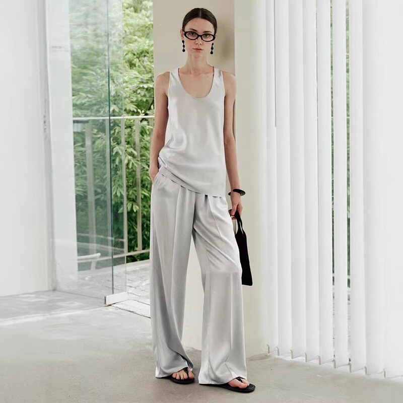 Minimalist Acetate Satin Glossy Sleeveless Vest + Camisole Fashion Cool Casual Pants Set for Women Summer