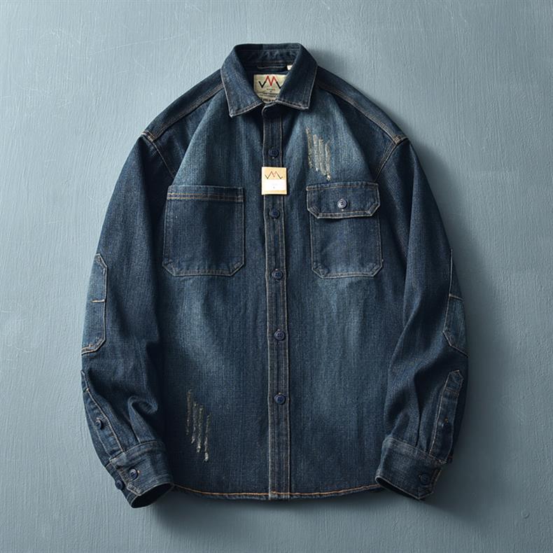 Vintage Washed Denim Overshirt For Men Loose Workwear Jacket_voghion.com