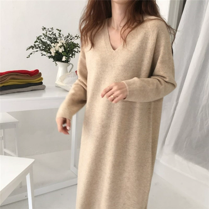 Костюм платье-свитер спицами для женщин, V-образный вырез oversize, плотный one-size