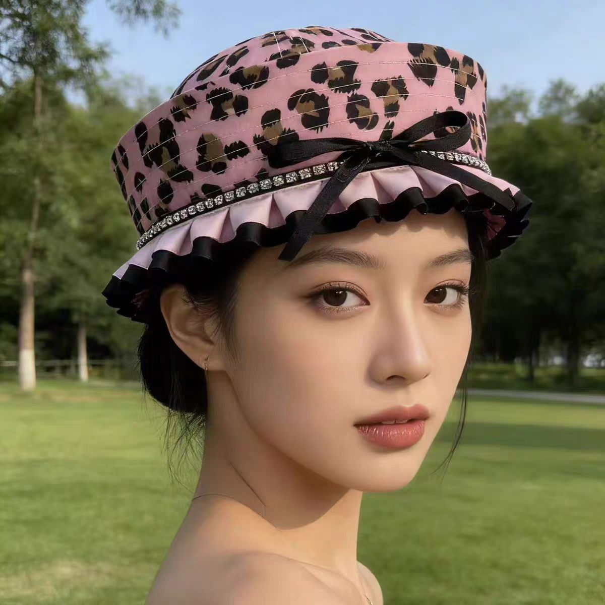 핑크 레오파드 프린트 리본 레이스 세일러 모자