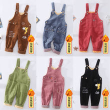 童装男女0123岁时尚卡通冬款灯芯绒牛仔加棉加绒可开裆牛仔背带裤