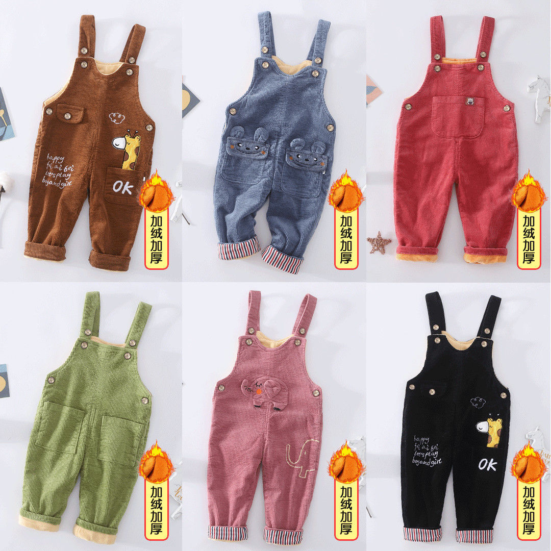 童装男女0123岁时尚卡通冬款灯芯绒牛仔加棉加绒可开裆牛仔背带裤