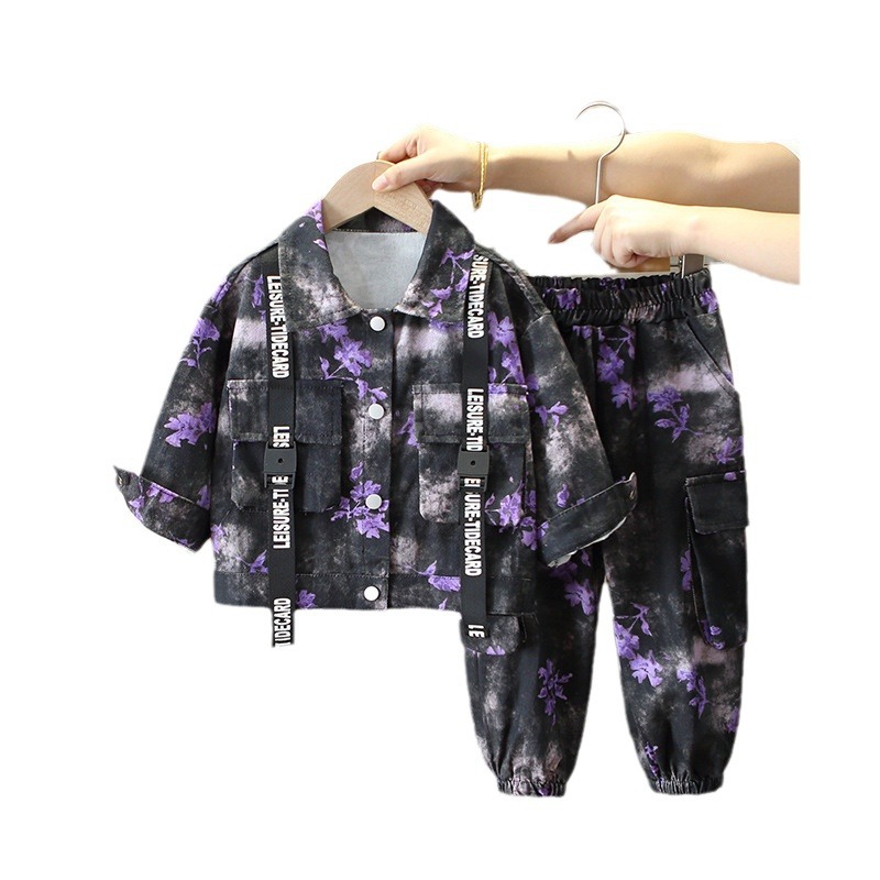 5980 traje de otoño para niños 2024 nuevo estilo primavera y otoño ropa de trabajo de aire occidental para niños de dos piezas chaqueta de teñido anudado para niños marea
