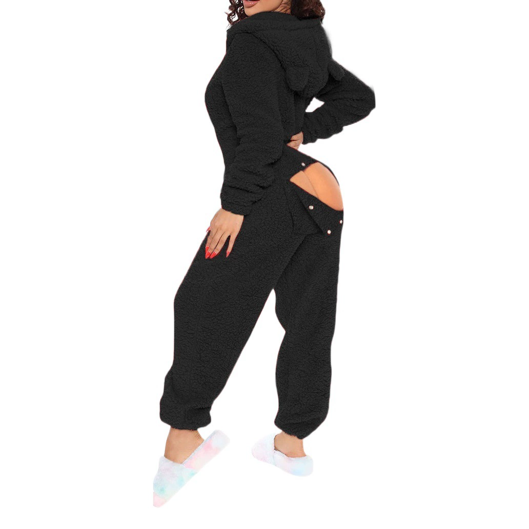 80223 Европейский и американский трансграничный новый цельный домашний костюм, сексуальный открытый женский комбинезон с длинными рукавами и милым меховым капюшоном