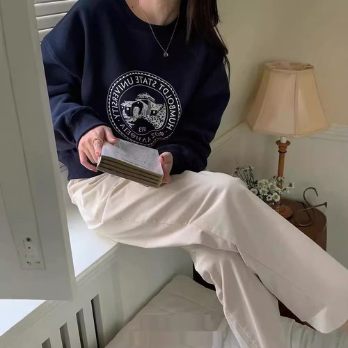 Korean version of oversize round neck sweatshirt for women early autumn new velvet niche design loose long-sleeved top