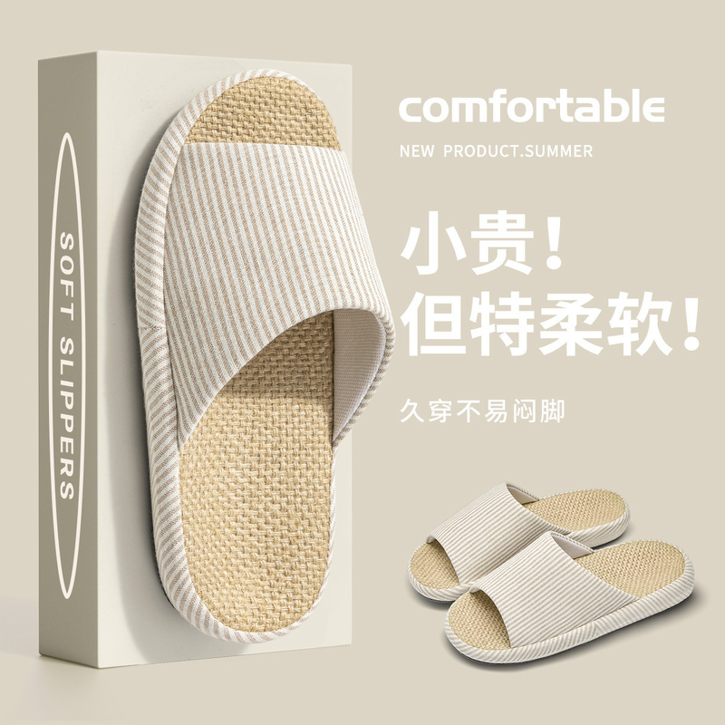Striped Open Linen Slippers for Men, Spring & Fall, Indoor and Home Use, Four-Season Cotton and Linen Slippers for Women, New Winter and Summer