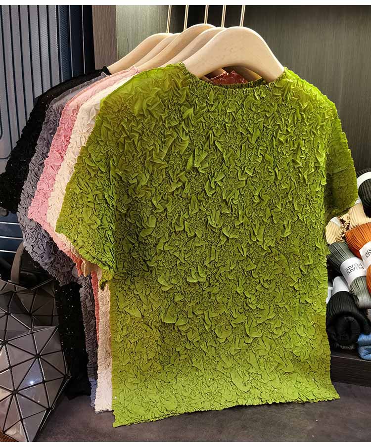 Áo thun ngắn tay nữ cổ tròn xếp li dập nổi kim cương, chất liệu cotton phối polyester, form suông thoải mái, phù hợp đi làm và dạo phố mùa hè — Màu hồng, Màu xanh lá, Màu mơ chi tiết 34
