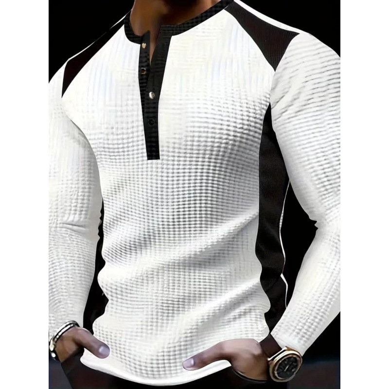 Men's T-Shirt Cross-Border New Style Amazon Waffle High-Neck Two-Tone Buttoned Henley Shirt Casual Long-Sleeve Top for Men Men's T-Shirt Cross-Border New Style Amazon Waffle High-Neck Two-Tone Buttoned Henley Shirt Casual Long-Sleeve Top for Men