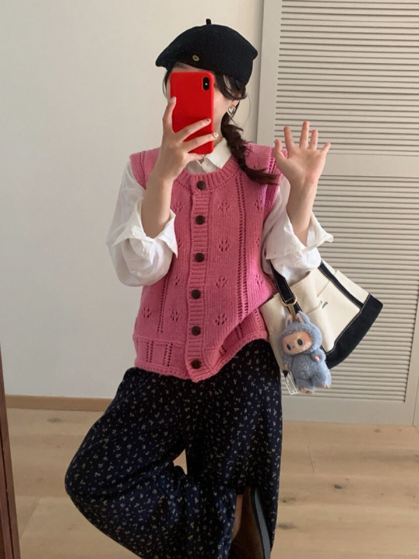木四 纯色羊毛镂空马甲开衫女韩版早秋叠穿针织毛衣背心上衣M6498|undefined