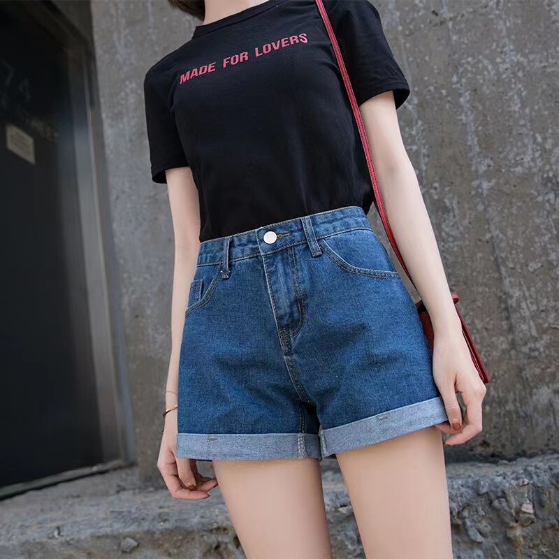 High Waist Black Denim Shorts Women's Summer Student Curling Loose Slim-fit A- leg Pants Hot Korean Style Trendy Pants