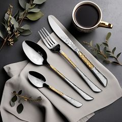 新商品のステンレスの金メッキのレーザーの模様の食器は一本の小さい量から洋食の食器のホテルの食器を予約します。