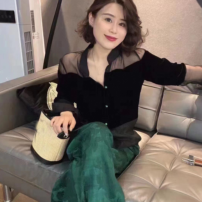 GraceChic GraceChic GraceChic Wom's Fashion Station 25 nuove camicette in velluto di seta patchwork in rete trasparente alla moda europea per_voghion.com