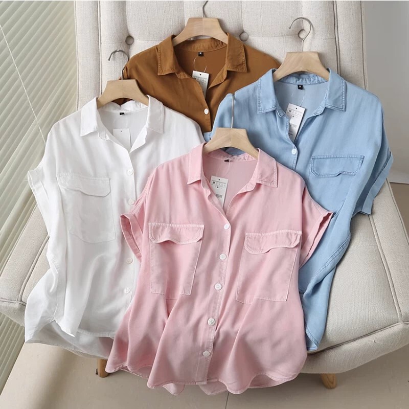 Tencel Denim Short-Sleeve Thin Shirt for Women, Plus Size, New Summer Korean Style, Double Pocket Short Shirt, Loose Top Tencel Denim Short-Sleeve Thin Shirt for Women, Plus Size, New Summer Korean Style, Double Pocket Short Shirt, Loose Top