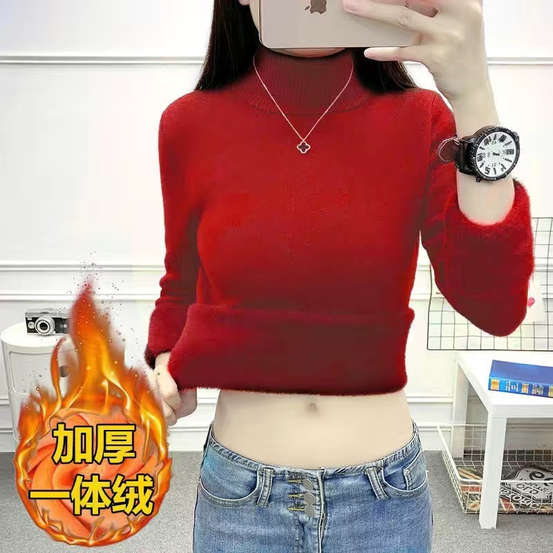 一体のベルベットの半高襟のセーターの底のシャツの女性のベルベットの厚いニットの秋の冬の中に暖かい服を着ます|undefined