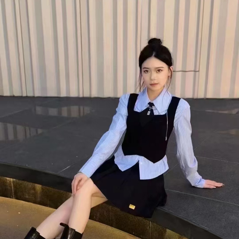 现货2025秋季新款气质学院风显瘦显瘦假两件领带衬衫女70801031|undefined