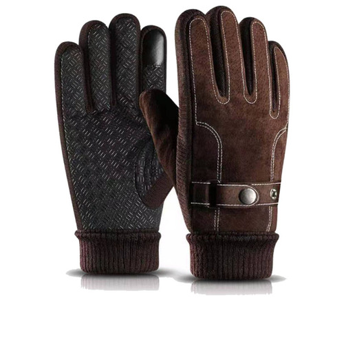 Leather Ski Gloves for Men - Autumn/Winter Outdoor Riding Motorcycle Windproof and Slip-Resistant with Fleece Lining, Thick and Warm Touch Screen